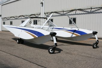 The completed floats ready for installation on the freshly painted aircraft.